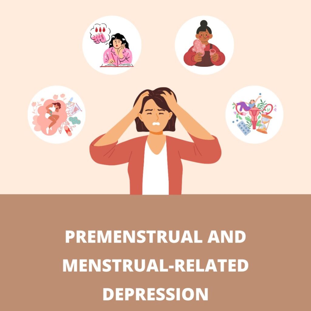 Woman holding head, feeling depressed during menstruation.