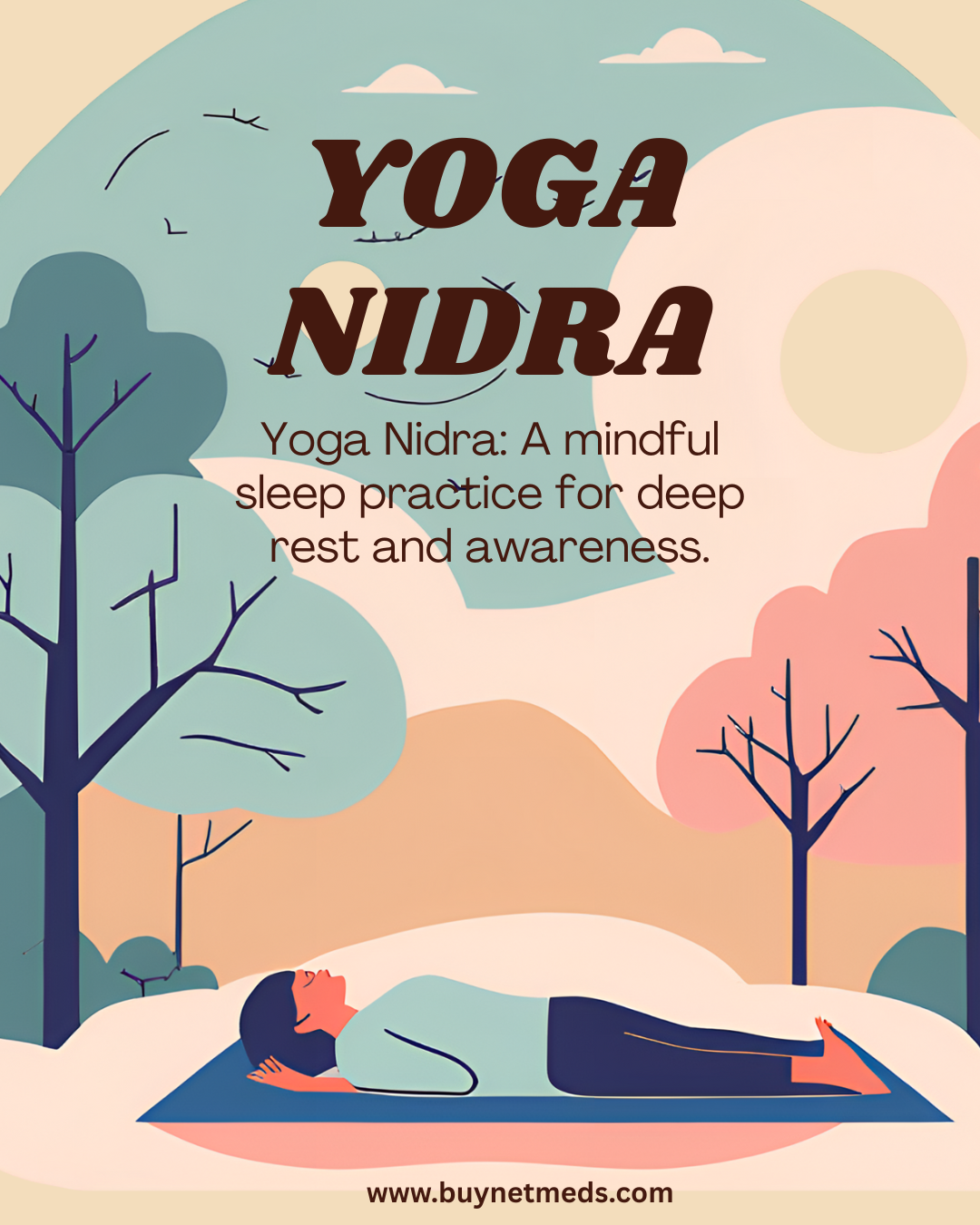 Woman practicing Yoga Nidra on mat, serene atmosphere